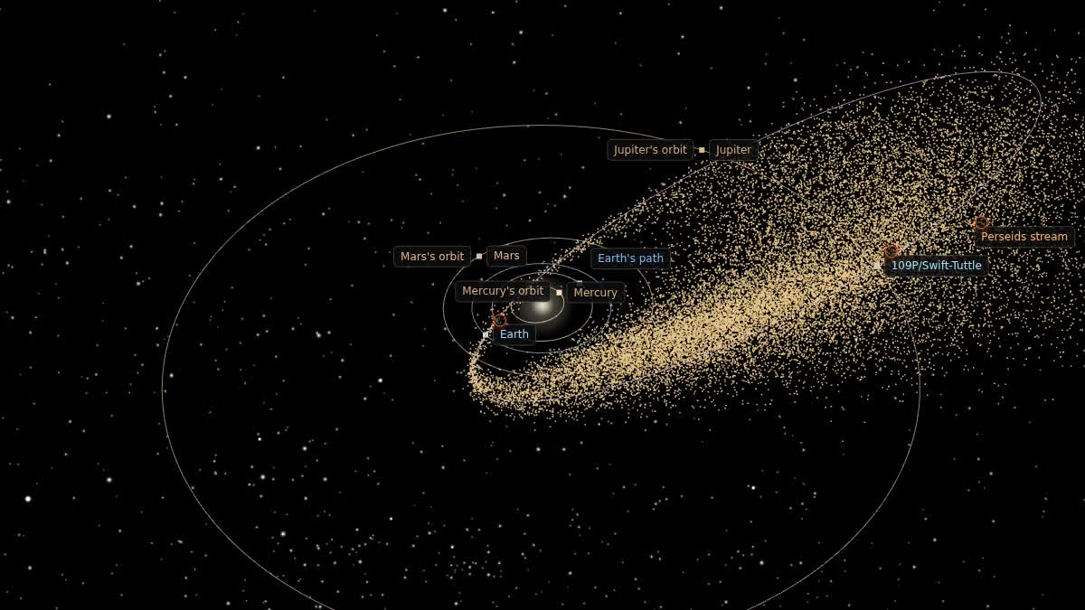 The Perseid meteor stream seen obliquely from above the planets' plane, a ribbon along comet Swift-Tuttle's orbit, every dot one measured orbit with its place along that orbit filled in, over the real star sky.